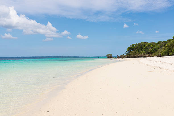 Pristine white tropical beach with blue sea and lush vegetation on the African Island of Misali, Pemba, Zanzibar.