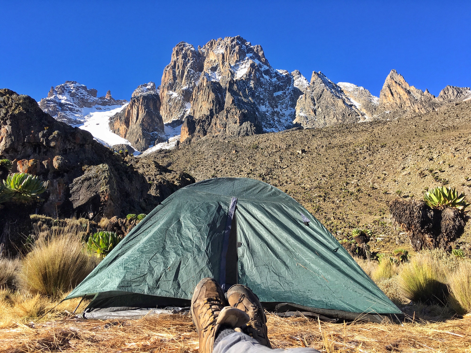 Camping at the base of Mount Kenya at 4,200m above sea level.