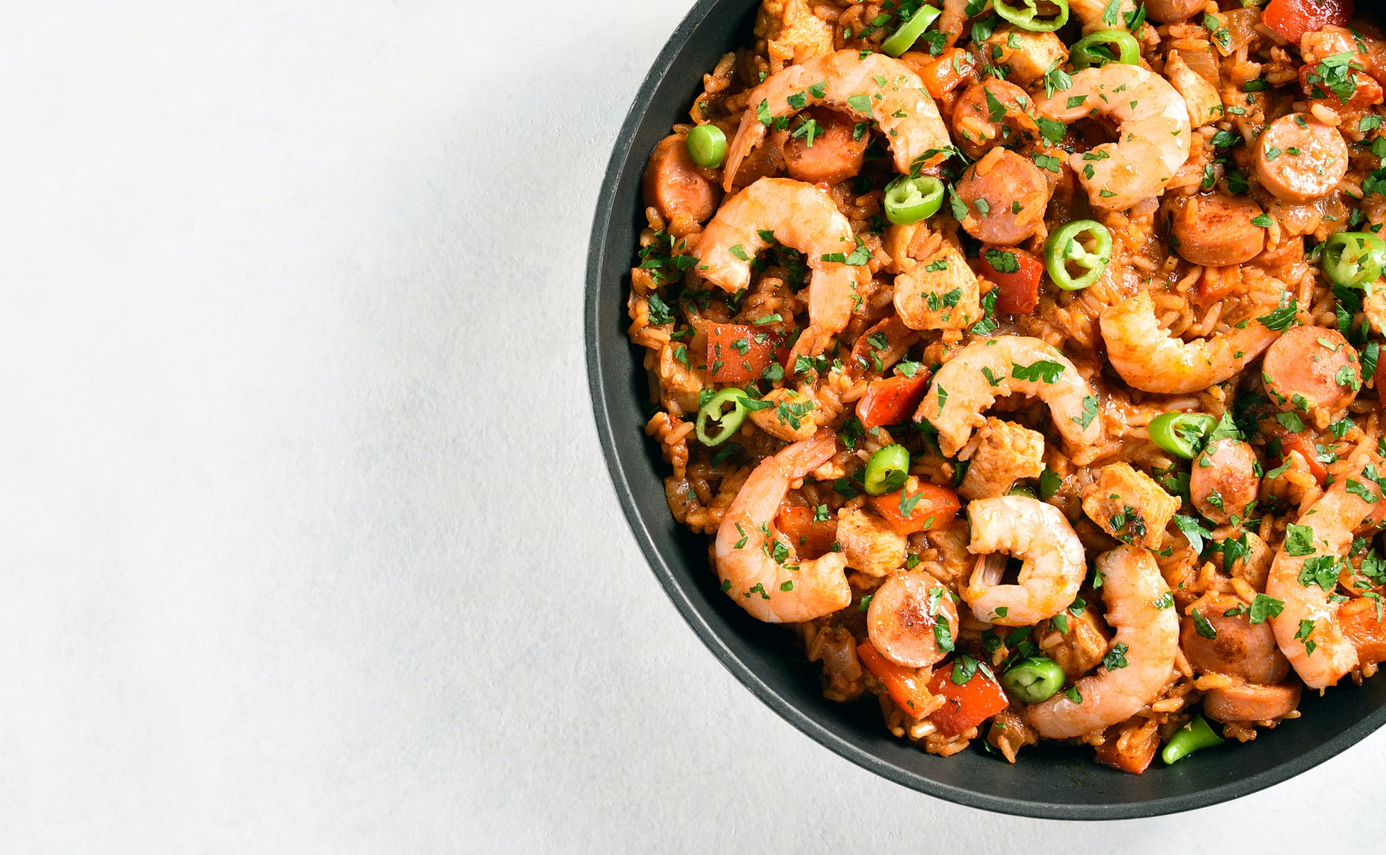 Creole jambalaya with chicken, smoked sausages and vegetables