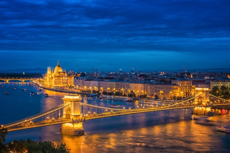 Panorama of Budapest at night. Hungarian landmarks.